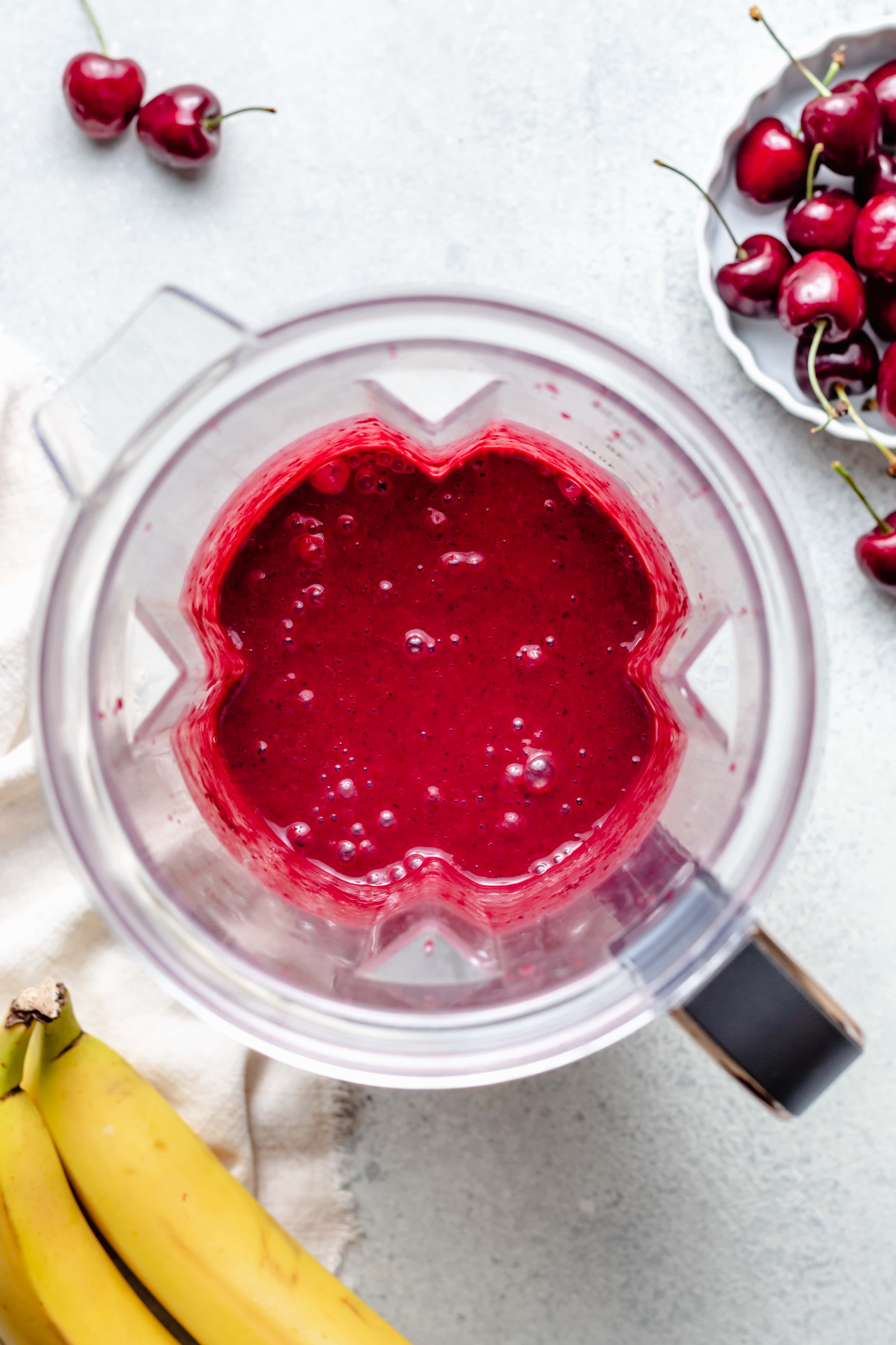 blended cherry smoothie in blender