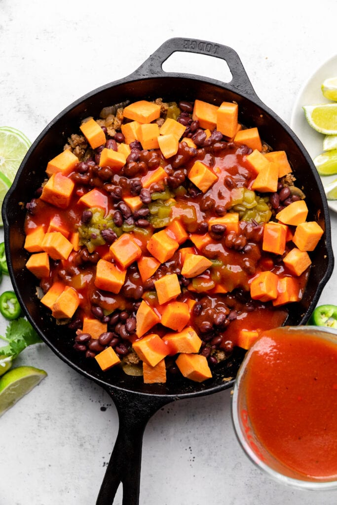 turkey, sweet potatoes, black beans in skillet