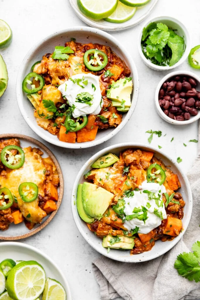 turkey enchilada skillet in bowls
