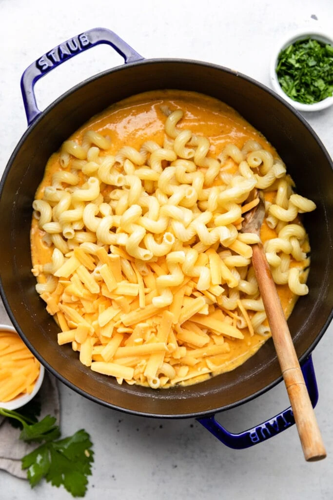 cheese, noodles, and sauce in pot