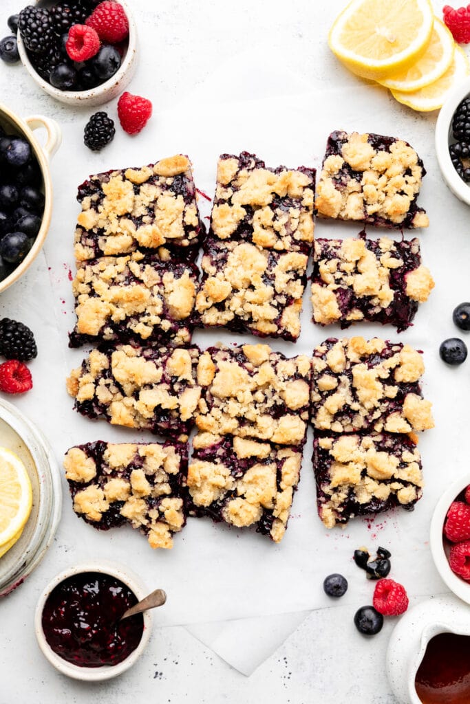 berry crumble bars on parchment