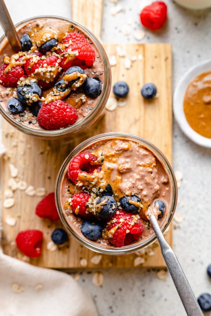 top of chocolate overnight oats with berries