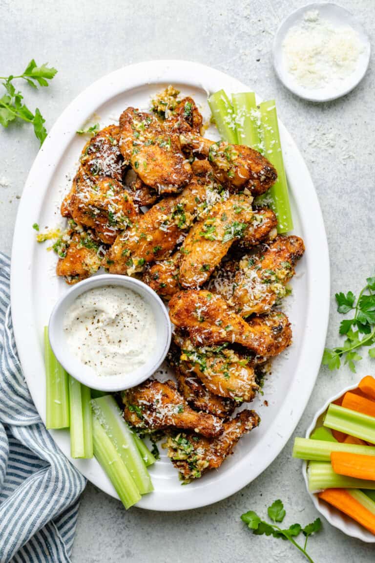 garlic parmesan wings on platter