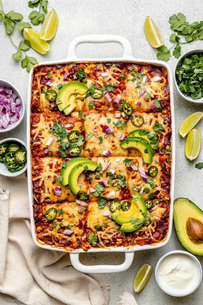 casserole sliced and topped with avocado