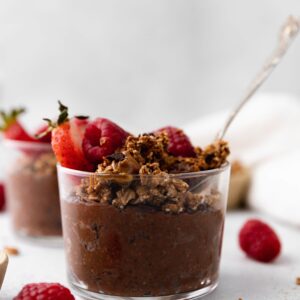 chocolate chia pudding in glass