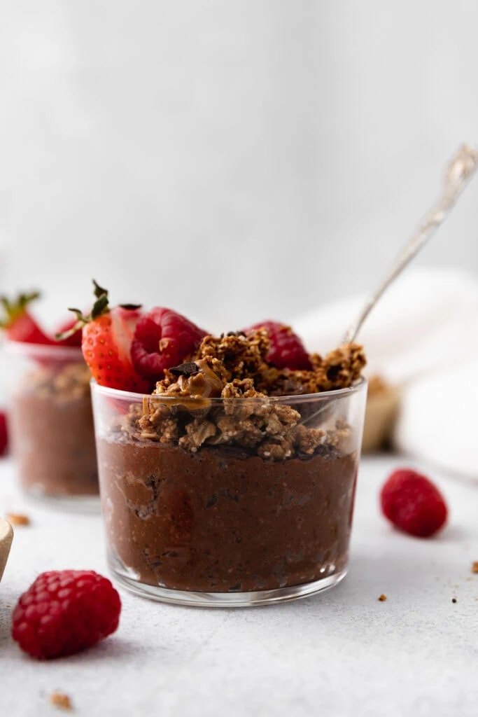 chocolate chia pudding in glass
