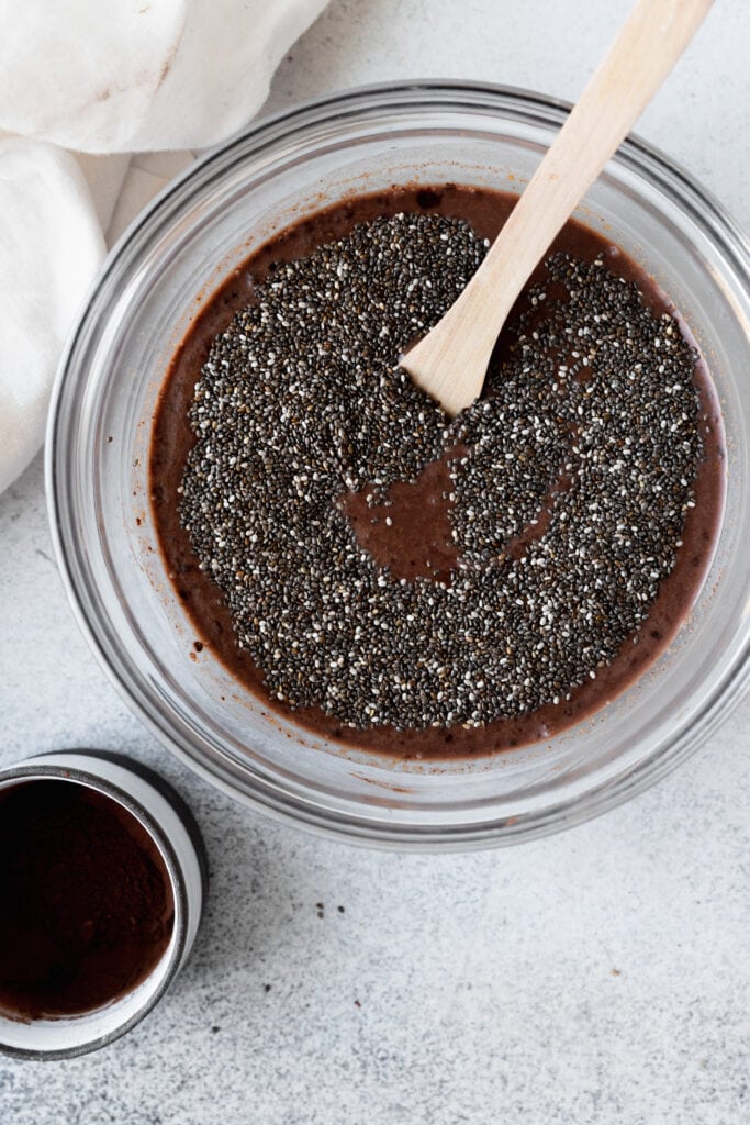 chocolate chia pudding in mixing bowl