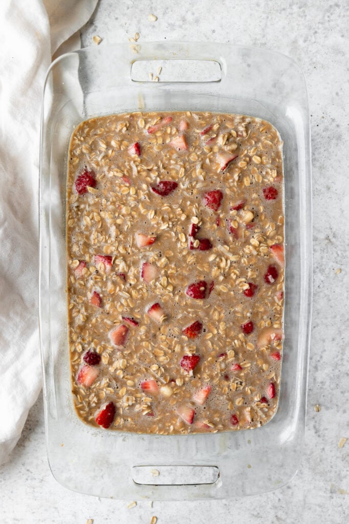 baked oatmeal batter in casserole dish