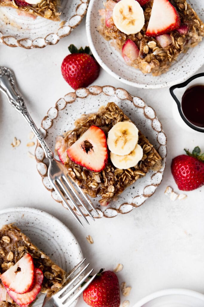 strawberry banana baked oatmeal on plate