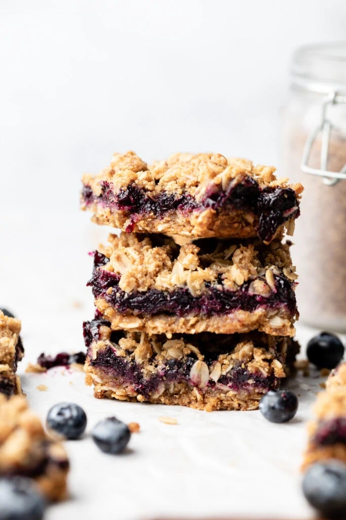 blueberry pie bars stacked on each other