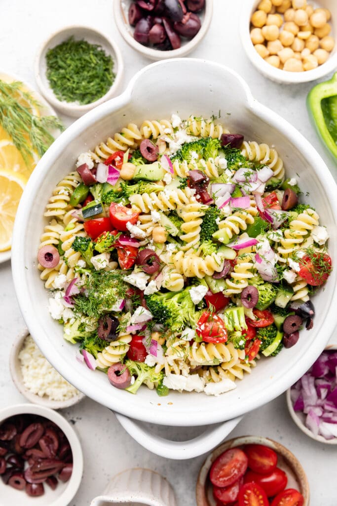 broccoli pasta salad in bowl