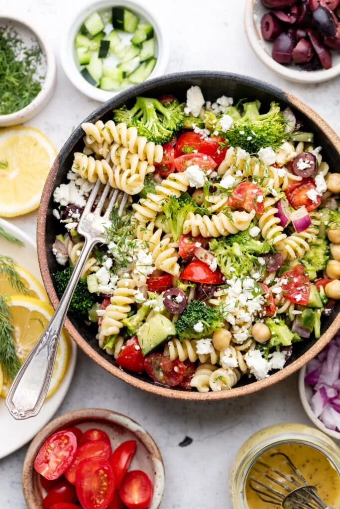 broccoli pasta salad in bowl