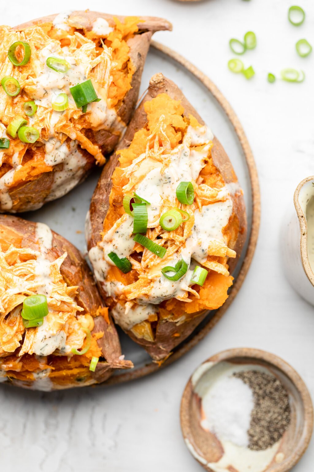 Slow Cooker Buffalo Chicken Stuffed Sweet Potatoes All the Healthy Things