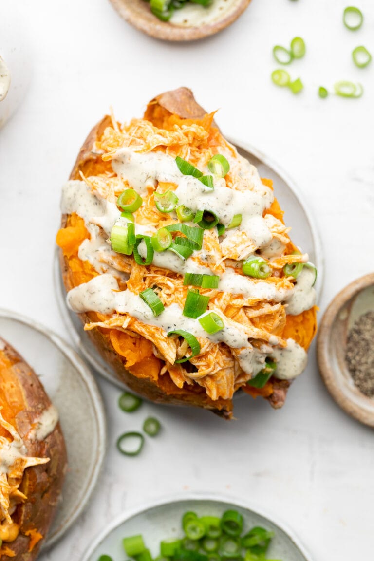 Slow Cooker Buffalo Chicken Stuffed Sweet Potatoes All the Healthy Things