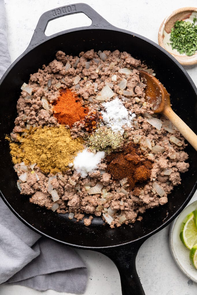 ground beef in skillet with spices