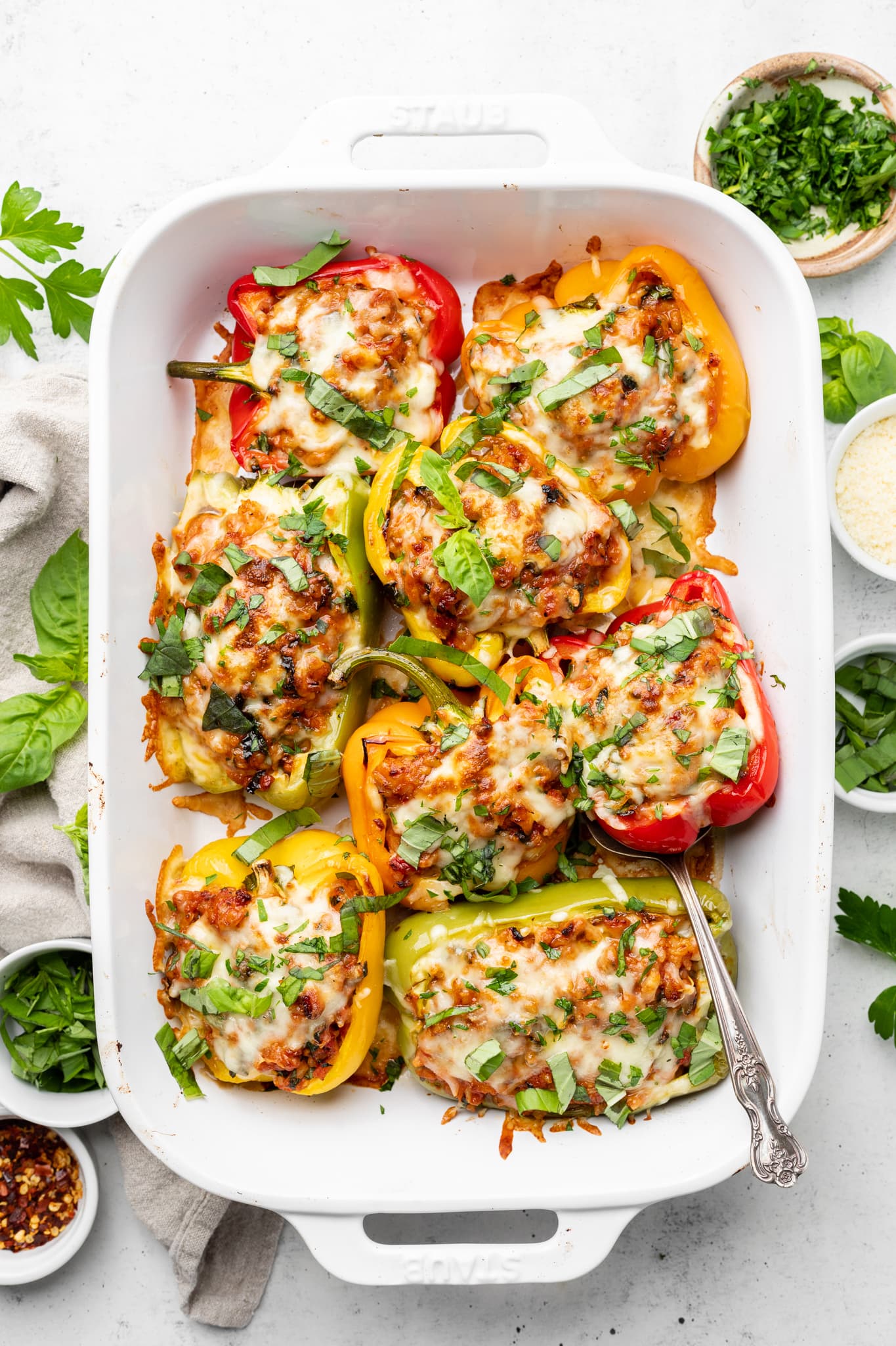 ground turkey stuffed peppers in casserole dish