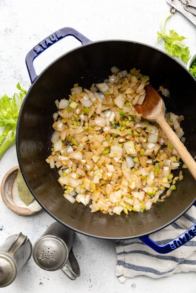 garlic and veggies sautéing in pot