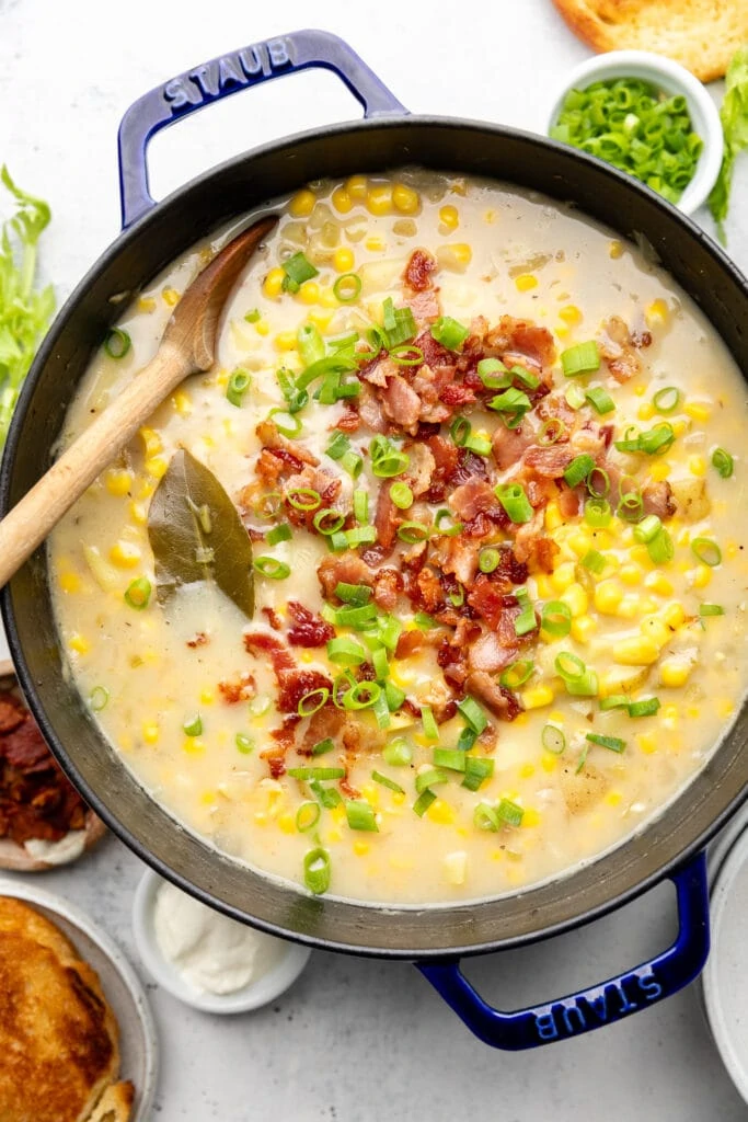 pot of corn chowder with spoon