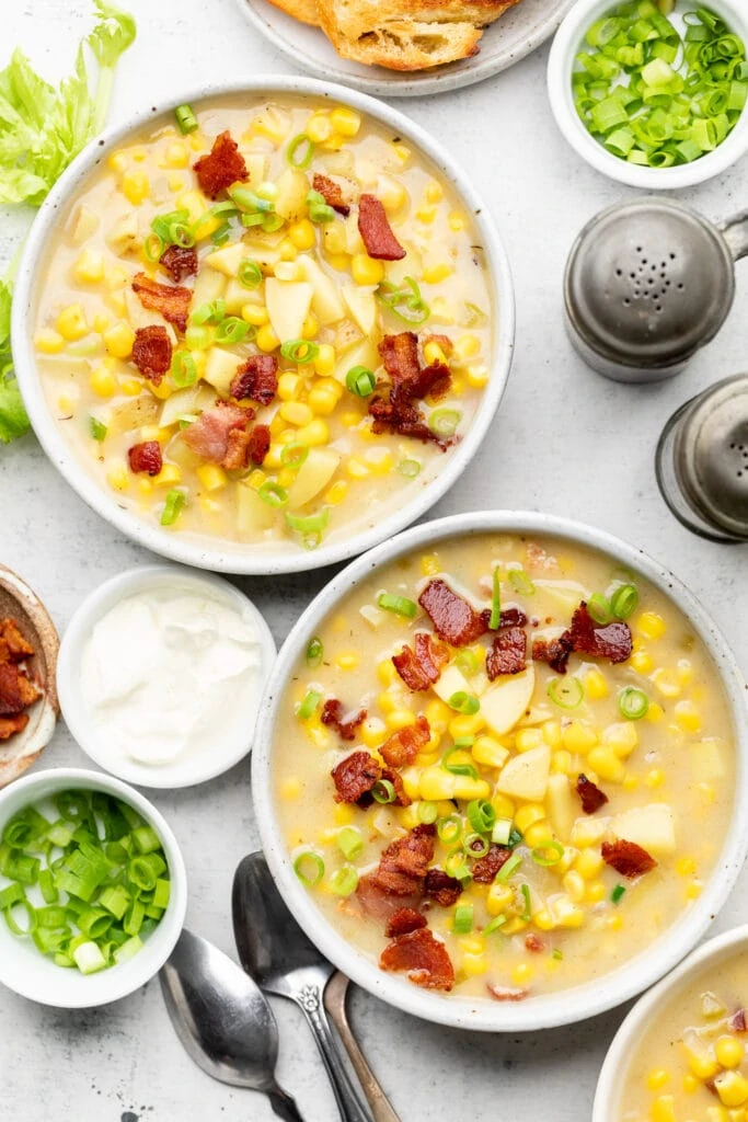 two bowls of corn chowder