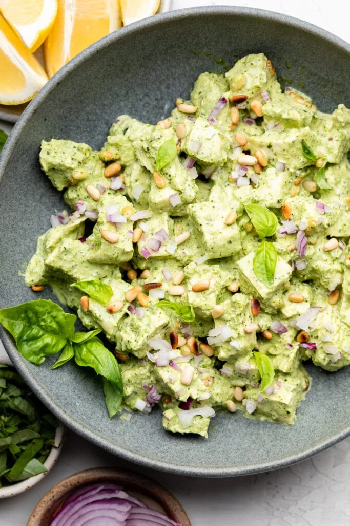 pesto chicken salad in bowl