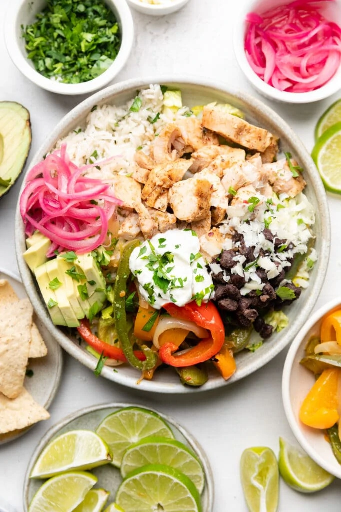 chicken burrito bowl with toppings