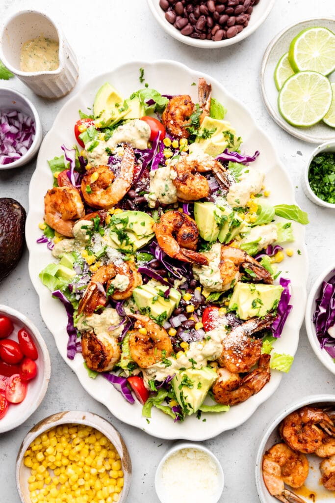 shrimp taco salad on platter