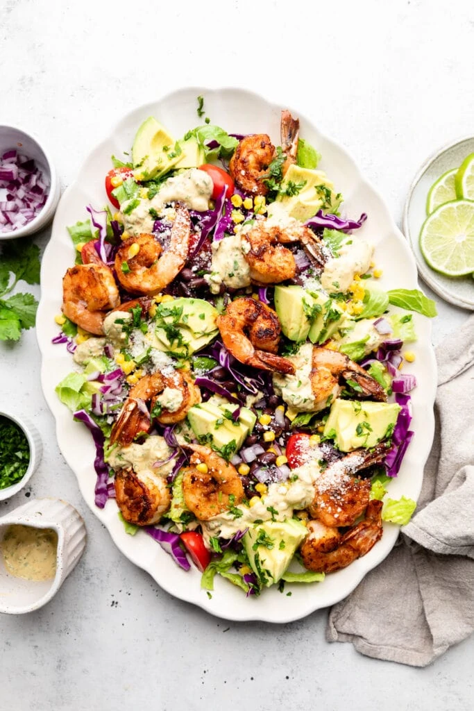 shrimp taco salad on platter