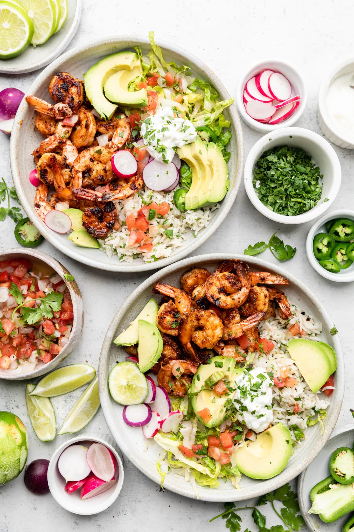 shrimp burrito bowls with toppings