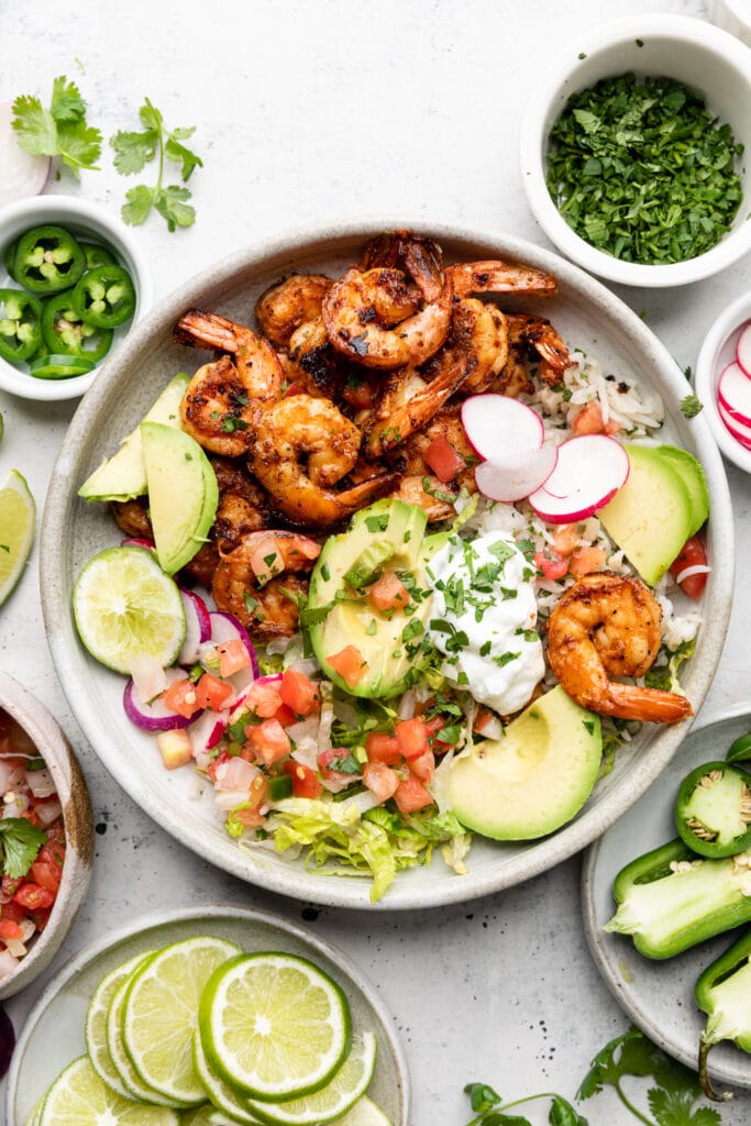 shrimp burrito bowl with toppings