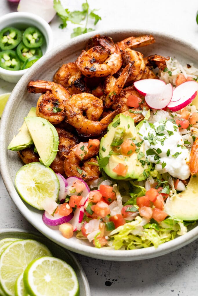 shrimp burrito bowl with topping
