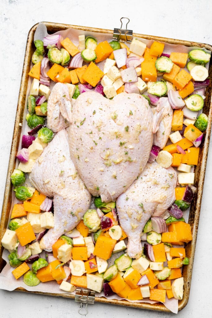 chicken and veggies on sheet pan