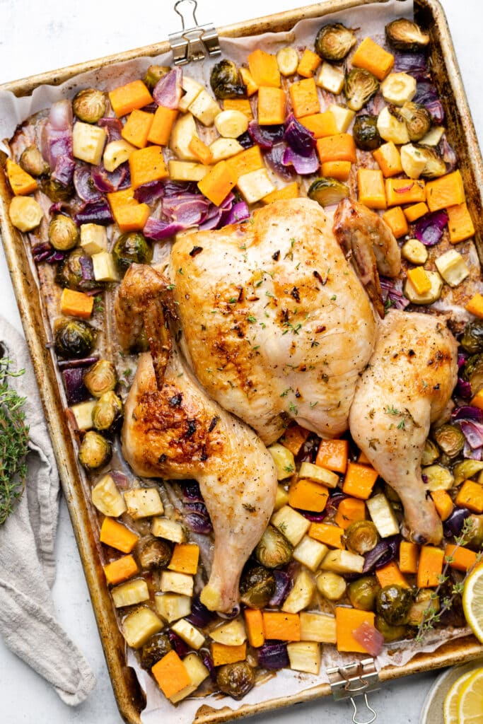 roasted spatchcock chicken on sheet pan