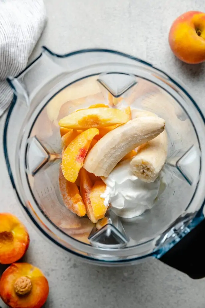 peaches, banana, greek yogurt in blender