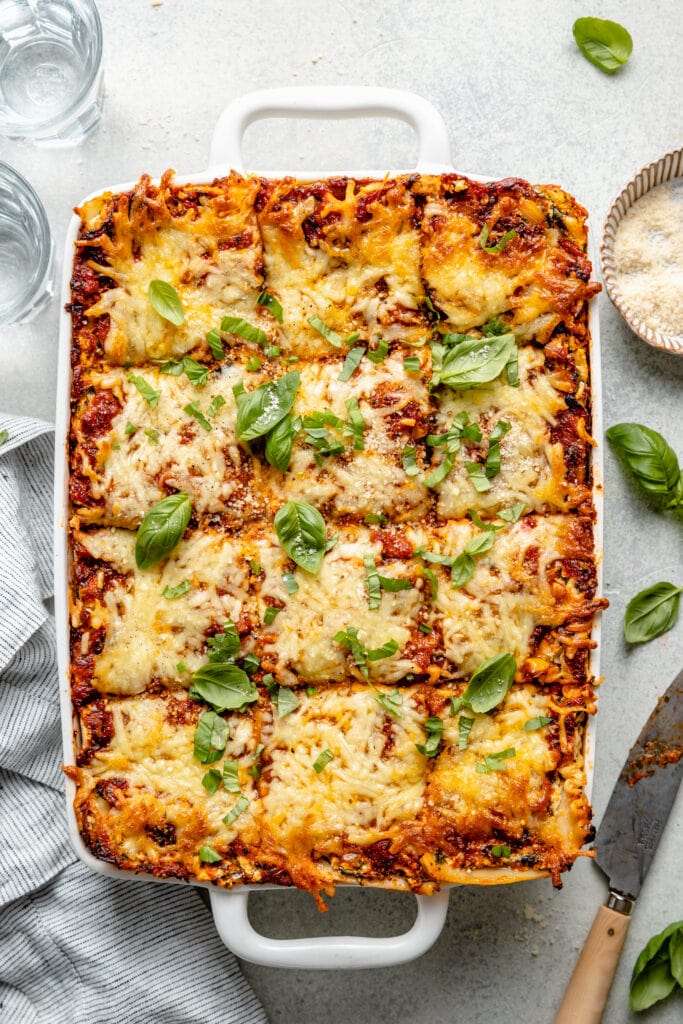 vegetable lasagna with basil on top