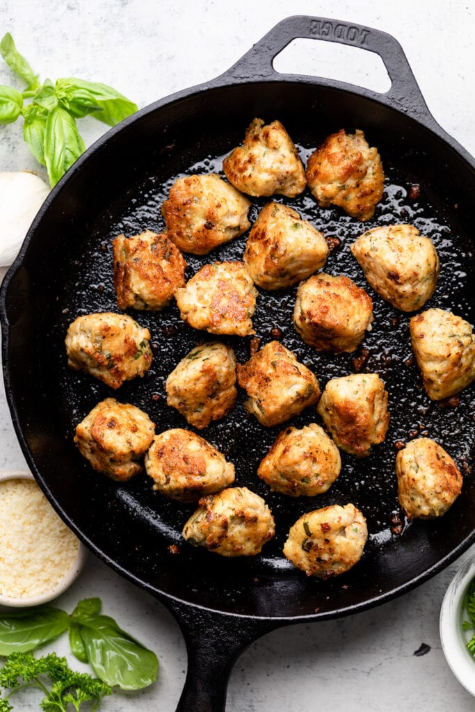 cooked meatballs in skillet