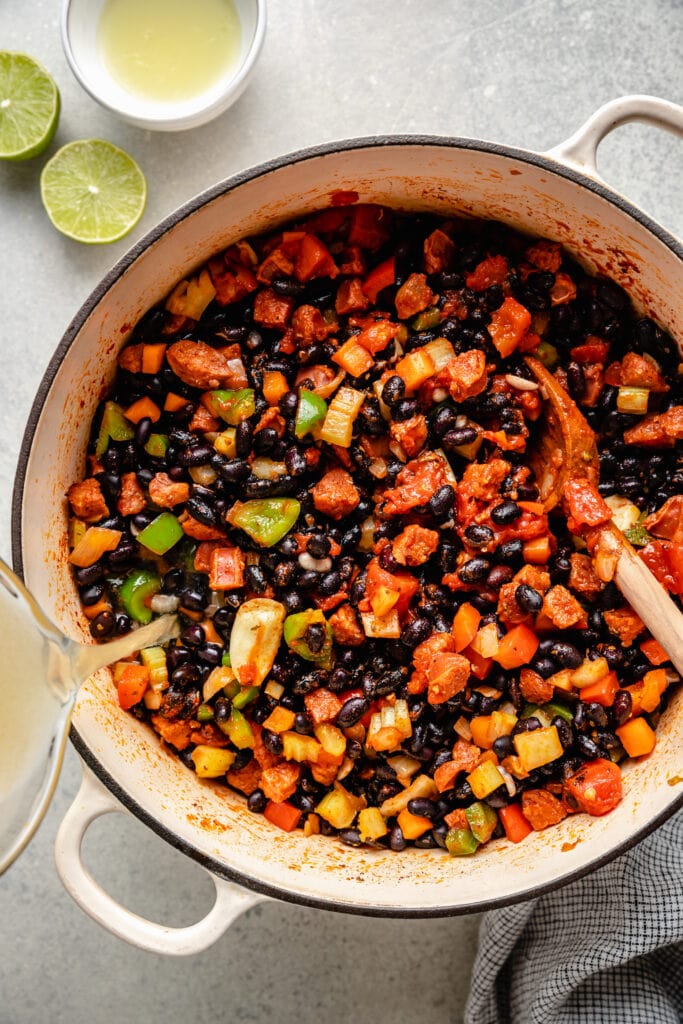 black beans and veggies in pot