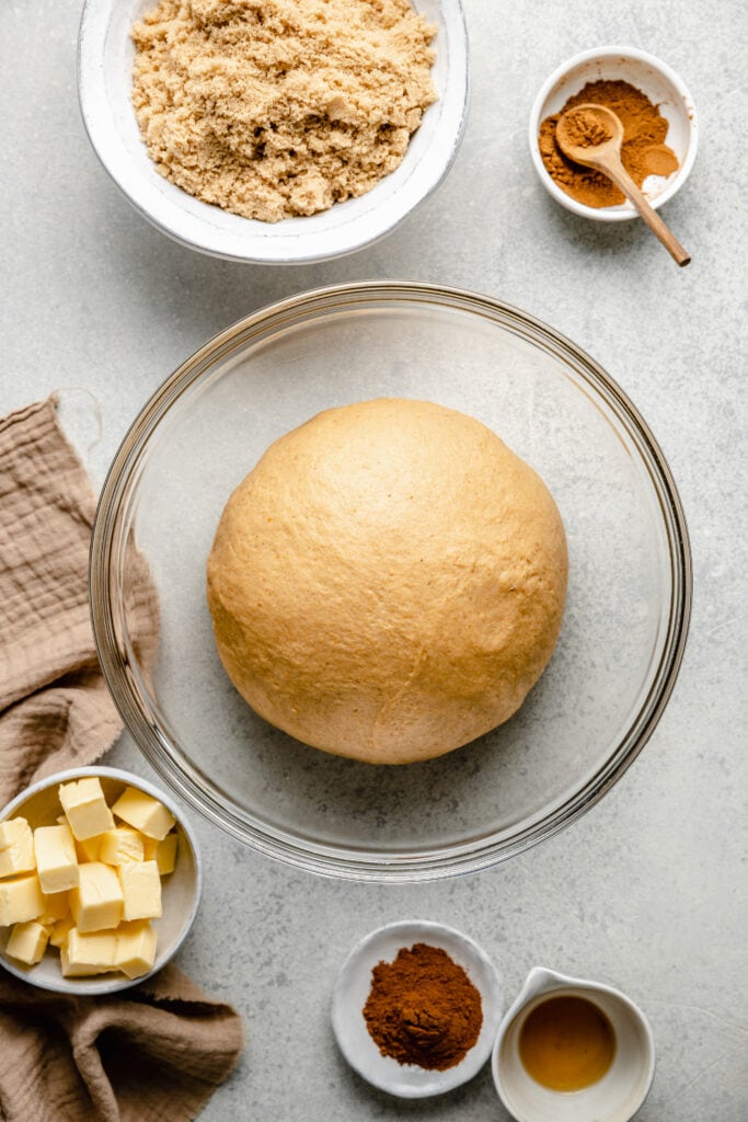 cinnamon roll dough in bowl