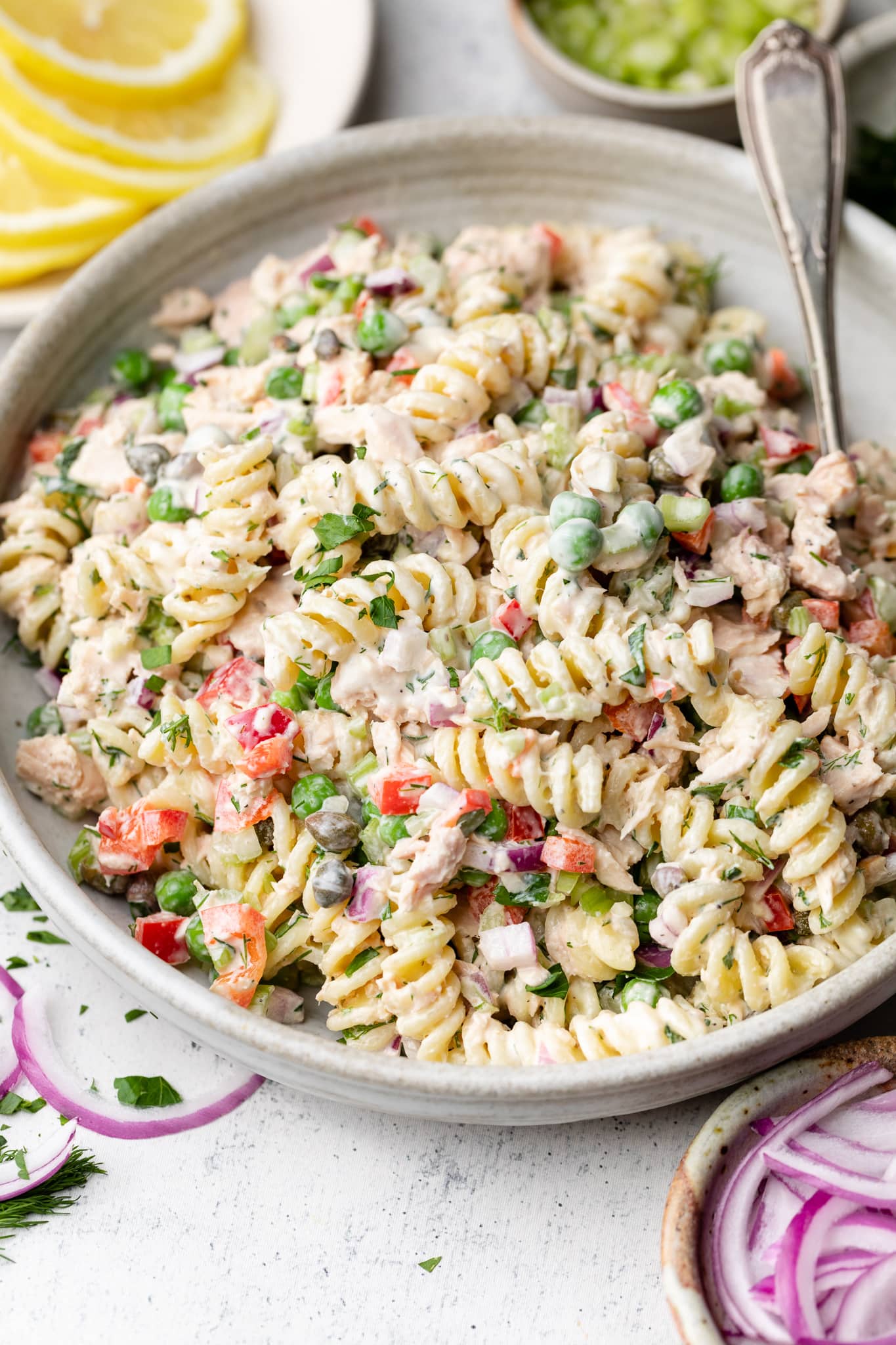 tuna pasta salad in bowl 