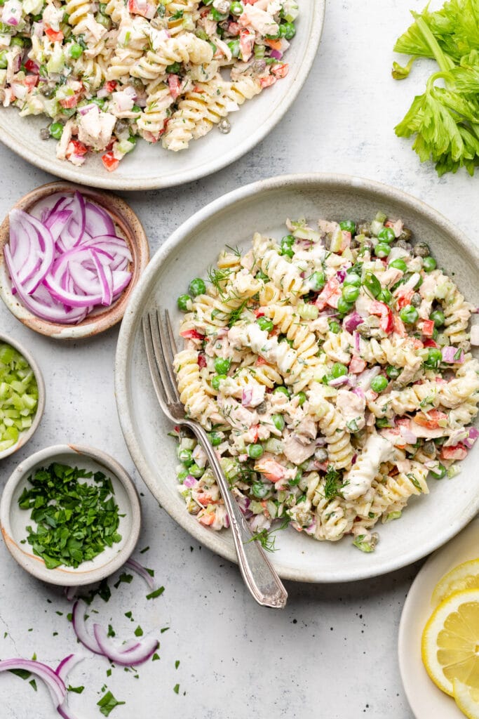 tuna pasta salad in small bowl