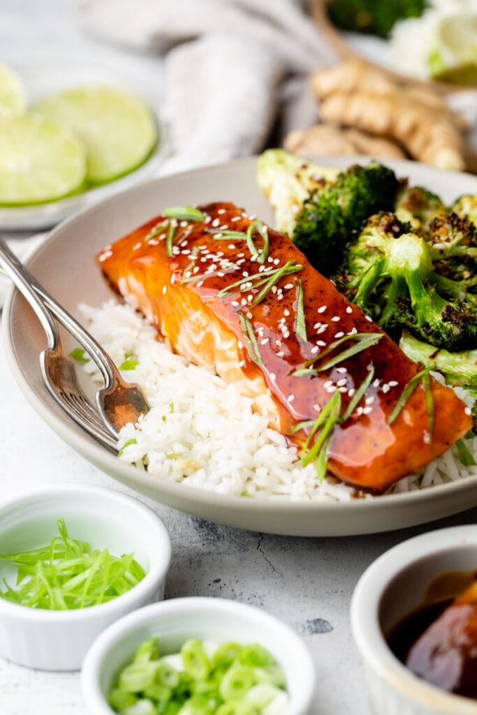 maple glazed salmon and rice in bowl