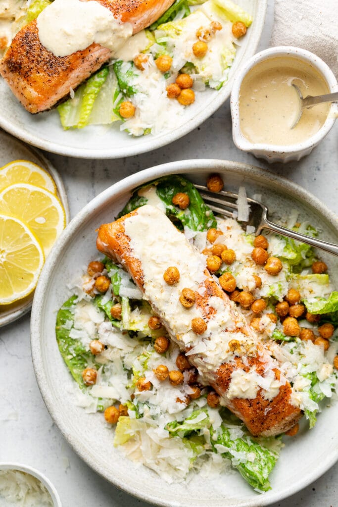 salmon caesar in bowl