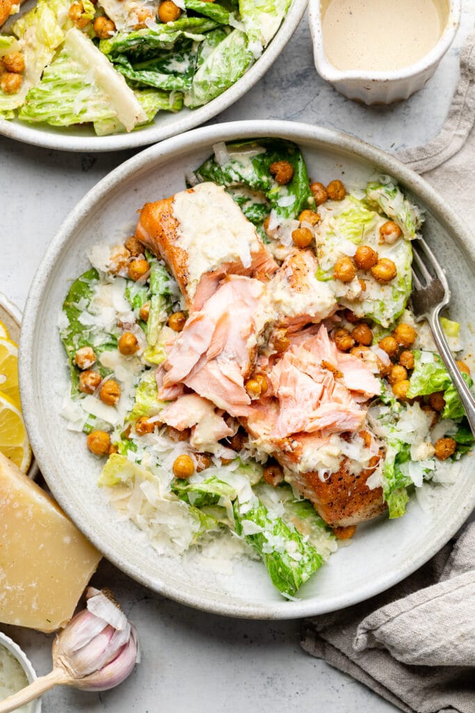 salmon caesar in bowl