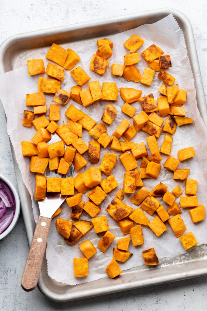 roasted sweet potatoes on tray