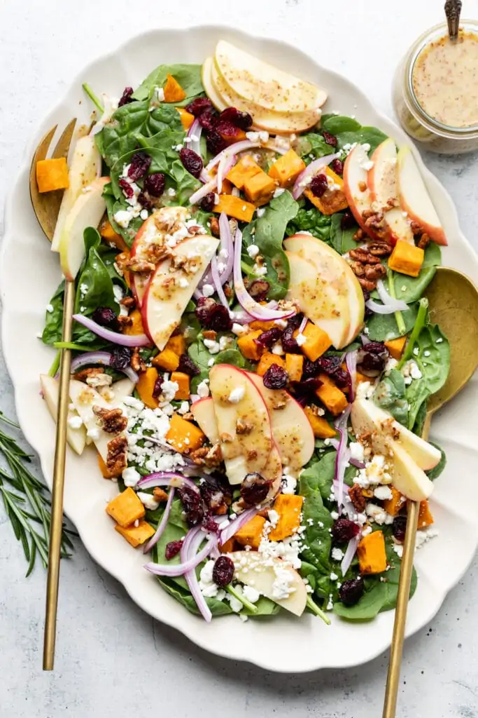 roasted sweet potato and spinach salad on plate