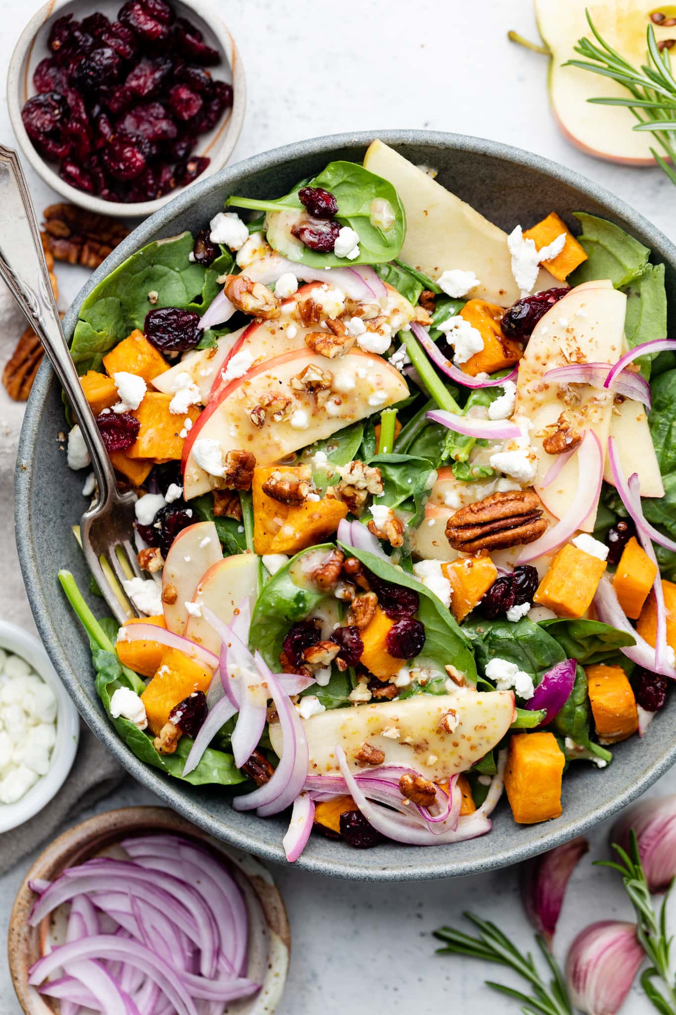 sweet potato spinach salad in bowl