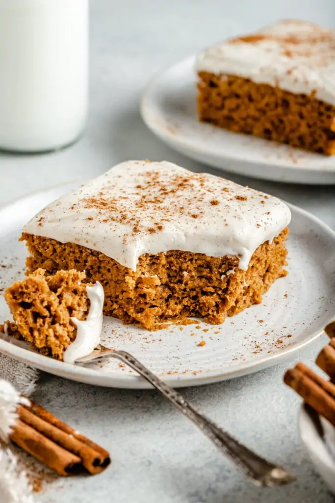 pumpkin bars on plate with fork
