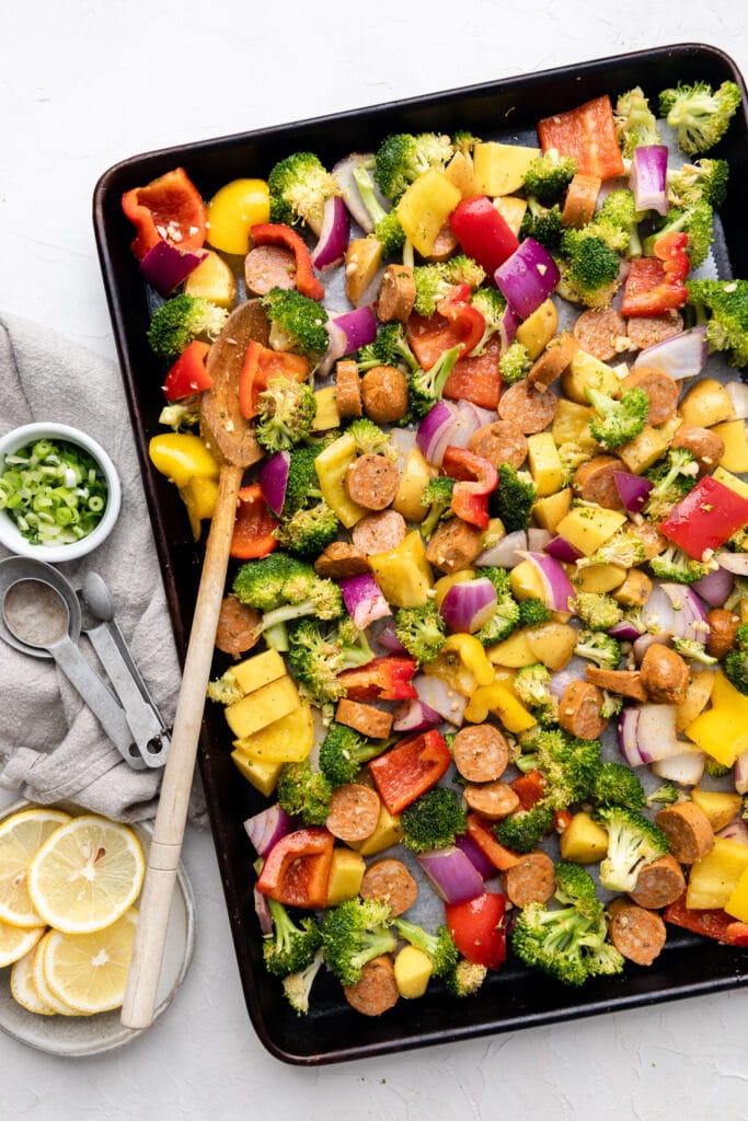 chicken sausage and veggies on sheet pan