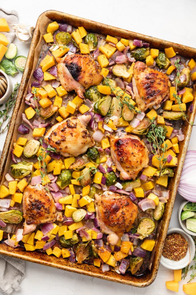 honey mustard chicken thighs and veggies on sheet pan