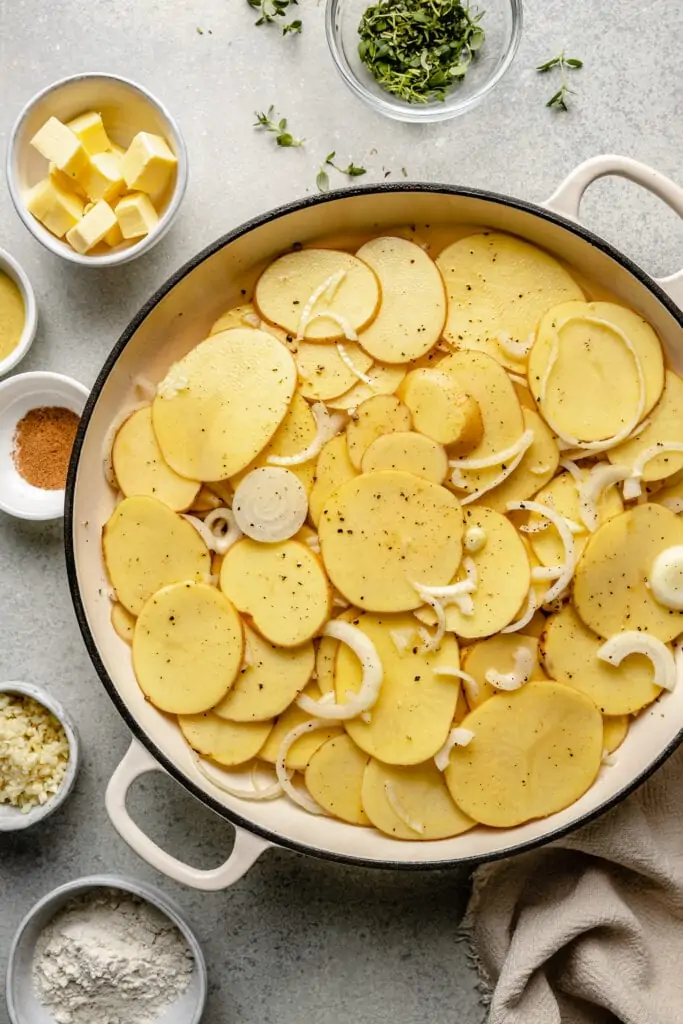 potatoes in onions in casserole dish