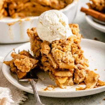 slice of pie on plate with ice cream